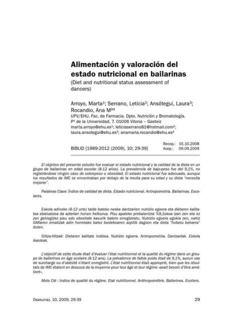 Alimentación y valoración del estado nutricional en bailarinas