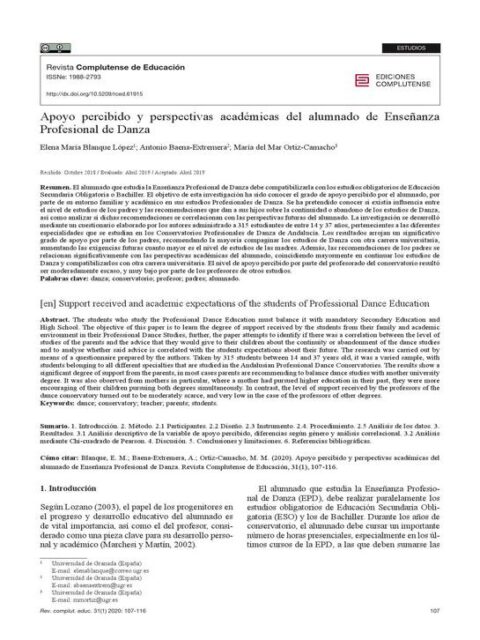 Apoyo percibido y perspectivas académicas del alumnado de Enseñanza Profesional de Danza