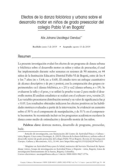 Efectos de la danza folclórica y urbana sobre el desarrollo motor en grado preescolar