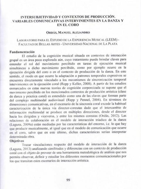 Intersubjetividad y contextos de producción: Variables comunicativas intervinientes en la danza y el coro