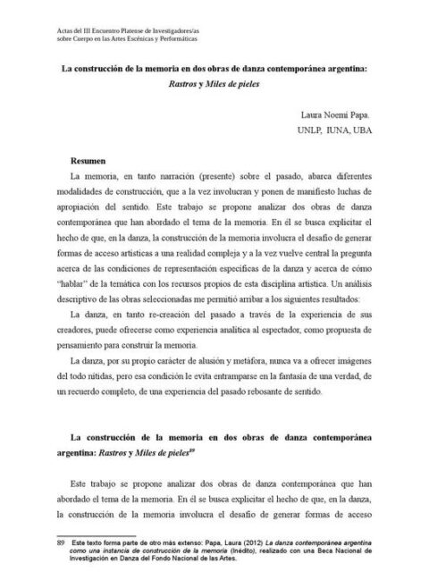 La construcción de la memoria en dos obras de danza contemporánea argentina