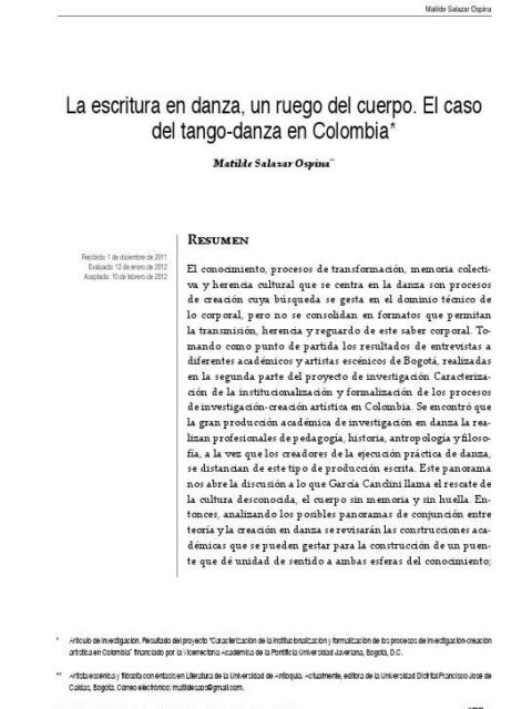 La escritura en danza, un ruego del cuerpo El caso del tango-danza en Colombia