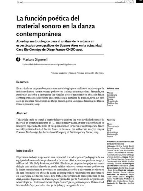 La función poética del material sonoro en la danza contemporánea Abordaje metodológico para el análisis de la música en espectáculos coreográficos de Buenos Aires en la actualidad