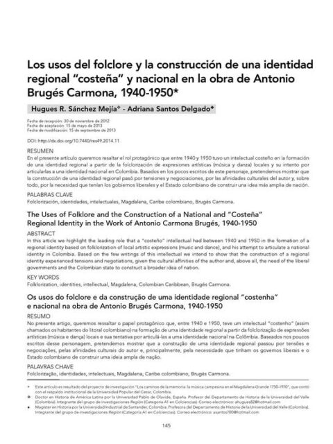 Los usos del folclore y la construcción de una identidad regional ‘costeña’ y nacional en la obra de Antonio Brugés Carmona, 1940-1950