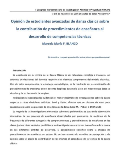Opinión de estudiantes avanzadas de danza clásica sobre la contribución de procedimientos de enseñanza al desarrollo de competencias técnicas