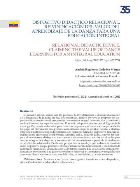 DISPOSITIVO DIDÁCTICO RELACIONAL. REIVINDICACIÓN DEL VALOR DEL APRENDIZAJE DE LA DANZA PARA UNA EDUCACIÓN INTEGRAL