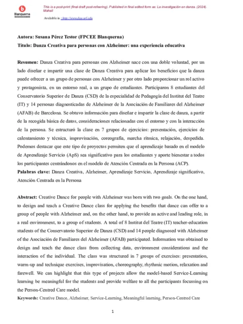 Danza Creativa para personas con Alzheimer: una experiencia educativa