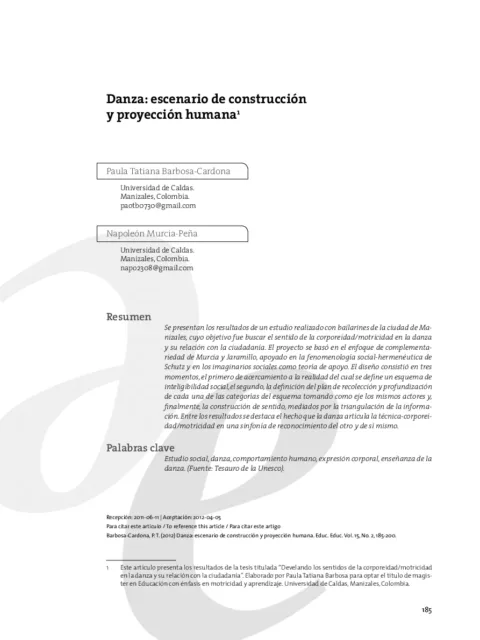 Danza: escenario de construcción y proyección humana