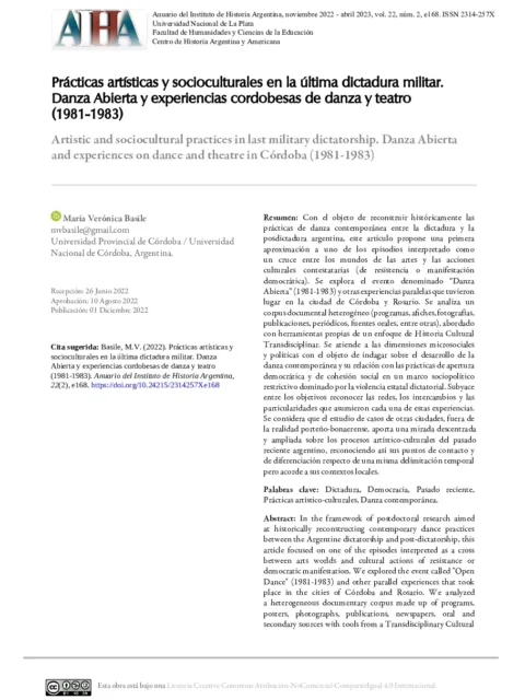 Prácticas artísticas y socioculturales en la última dictadura militar: Danza Abierta y experiencias cordobesas de danza y teatro (1981-1983)