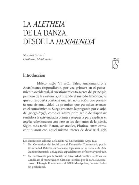 LA ALETHEIA DE LA DANZA, DESDE LA HERMENEIA