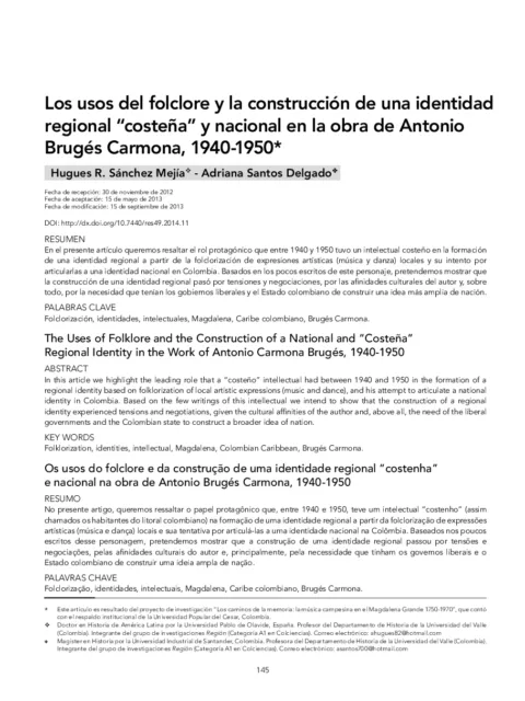 Los usos del folclore y la construcción de una identidad regional ‘costeña’ y nacional en la obra de Antonio Brugés Carmona, 1940-1950