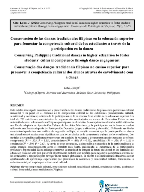 Conservación de las danzas tradicionales filipinas en la educación superior para fomentar la competencia cultural de los estudiantes a través de la participación en la danza