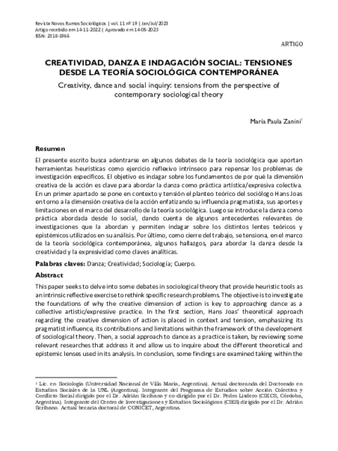 Creatividad, danza e indagación social: tensiones desde la teoría sociológica contemporánea