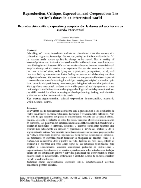 Reproducción, crítica, expresión y cooperación : la danza del escritor en un mundo intertextual