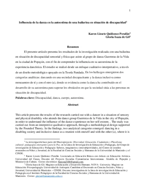Influencia de la danza en la autoestima de una bailarina en situación de discapacidad