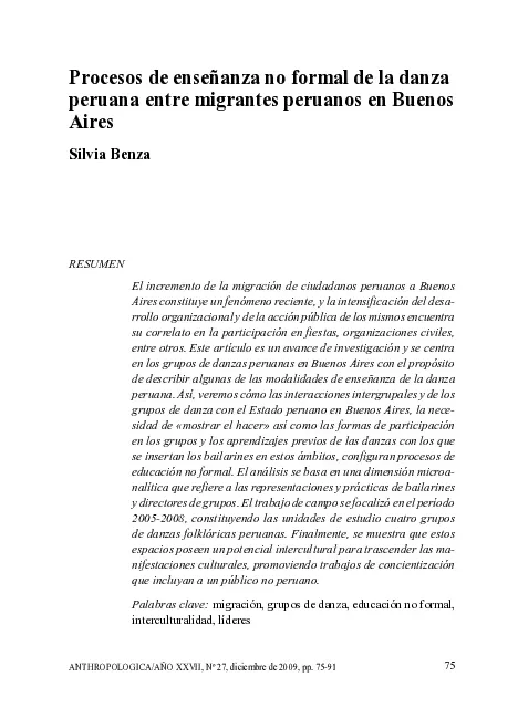 Procesos de enseñanza no formal de la danza peruana entre migrantes peruanos en Buenos Aires