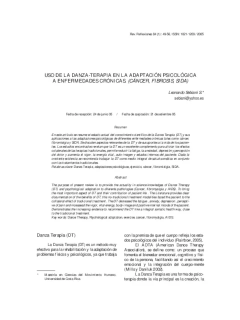 USO DE LA DANZA-TERAPIA EN LA ADAPTACIÓN PSICOLÓGICA A ENFERMEDADES CRÓNICAS. (CÁNCER, FIBROSIS, SIDA)