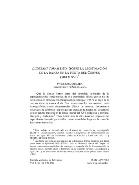 Ludebant coram Deo. Sobre la legitimación de la danza en la fiesta del Corpus (siglo XVI)