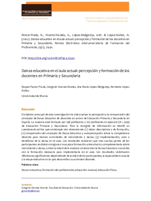 Danza educativa en el aula actual: percepción y formación de los docentes en Primaria y Secundaria