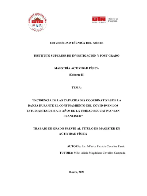 Incidencia de las capacidades coordinativas de la danza durante el confinamiento del Covid-19 en los estudiantes de 8 a 16 años de La Unidad Educativa “San Francisco”