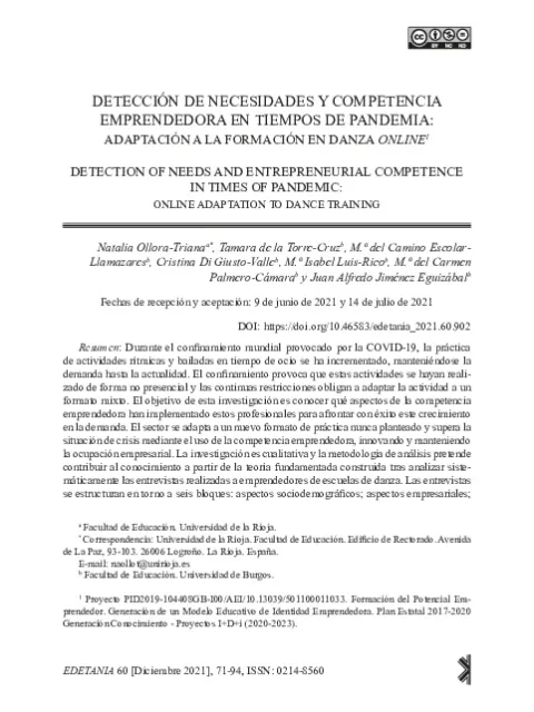 Detección de necesidades y competencia emprendedora en tiempos de pandemia: adaptación a la formación en danza online