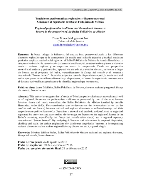 Tradiciones performativas regionales y discurso nacional: Sonora en el repertorio del Ballet Folklórico de México / Regional performative traditions and the national discourse: Sonora in the repertoire of the Ballet Folklórico de México