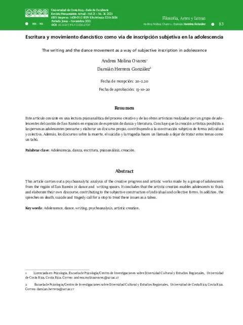Escritura y movimiento dancístico como vía de inscripción subjetiva en la adolescencia