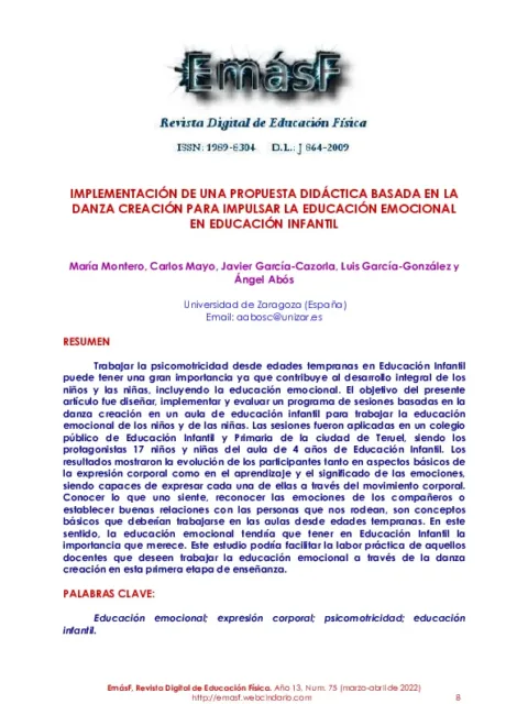 Implementación de una propuesta didáctica basada en la danza creación para impulsar la educación emocional en educación infantil