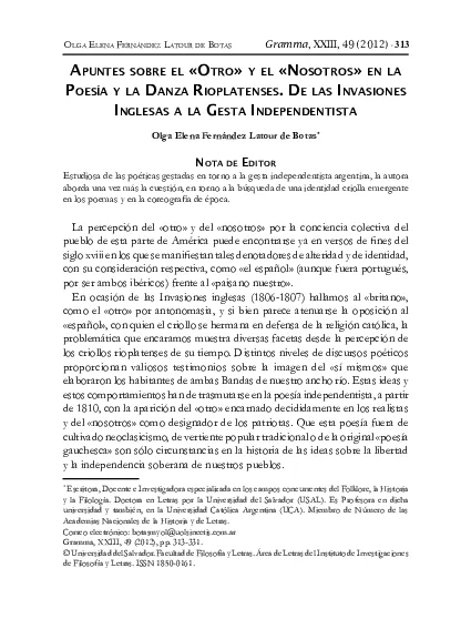 Apuntes sobre el “otro” y el “nosotros” en la poesía y la danza rioplatenses : de las invasiones inglesas a la gesta independentista