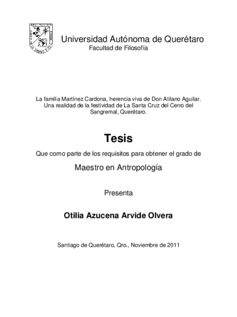 La familia Martínez Cardona, herencia viva de Don Atilano Aguilar. Una realidad de la festividad de la Santa Cruz del Cerro del Sangremal, Querétaro