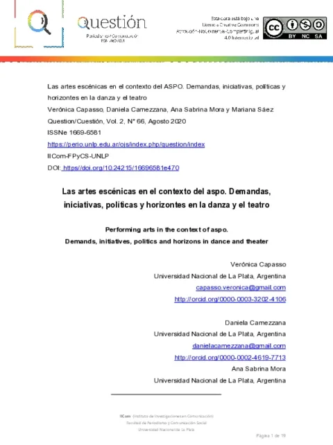 Las artes escénicas en el contexto del ASPO : Demandas, iniciativas, políticas y horizontes en la danza y el teatro