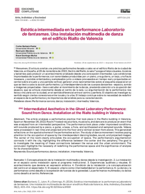 Estética intermediada en la performance Laboratorio de fantasmas. Una instalación multimedia de danza en el edificio Rialto de Valencia