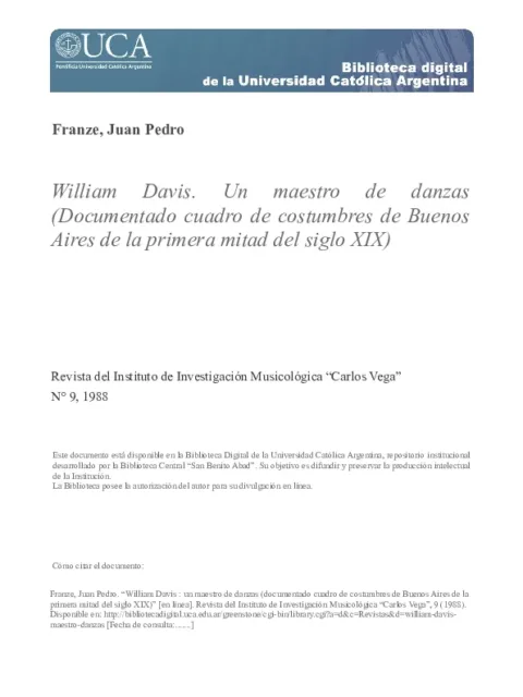 William Davis : Un maestro de danzas (documentado cuadro de costumbres de Buenos Aires de la primera mitad del siglo XIX)