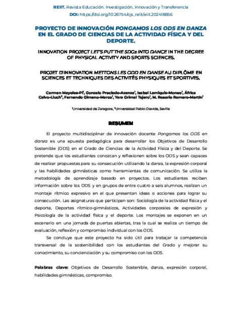 Proyecto de Innovación Pongamos los ODS en Danza en el Grado de Ciencias de la Actividad Física y del Deporte