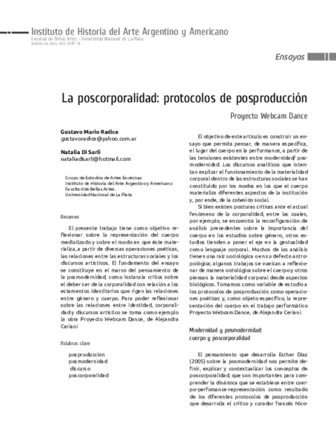 La poscorporalidad: protocolos de posproducción : Proyecto Webcam Dance