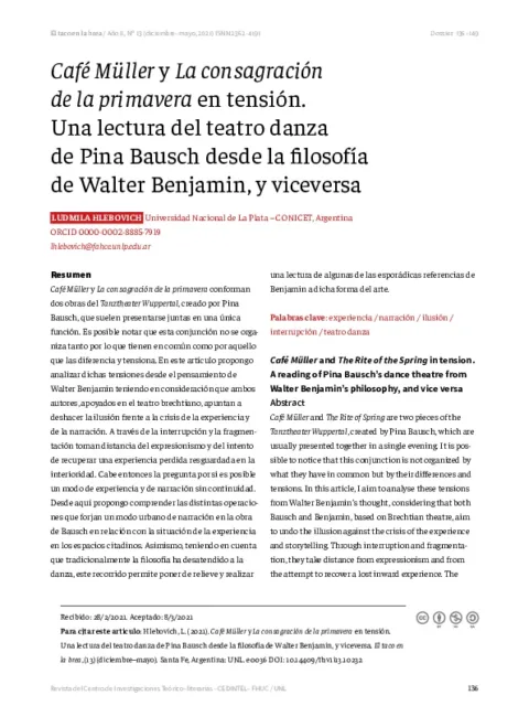 <i>Café Müller</i> y <i>La consagración de la primavera</i> en tensión : Una lectura del teatro danza de Pina Bausch desde la filosofía de Walter Benjamin, y viceversa