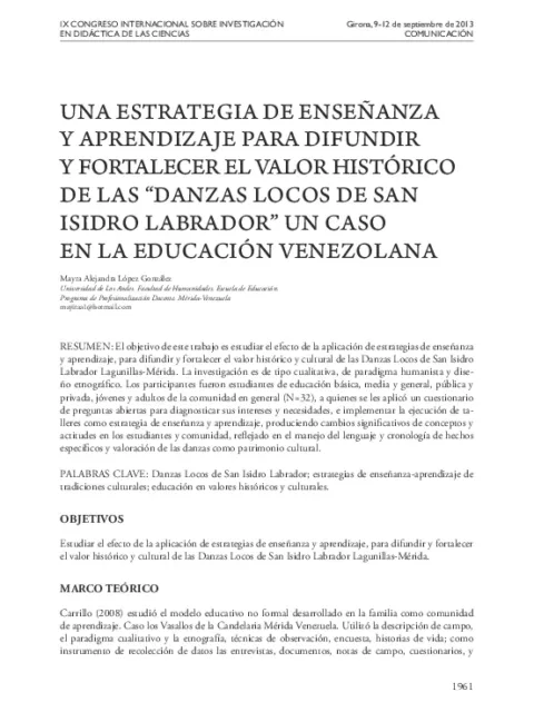 Una estrategia de enseñanza y aprendizaje para difundir y fortalecer el valor histórico de las «Danzas locos de San Isidro Labrador»