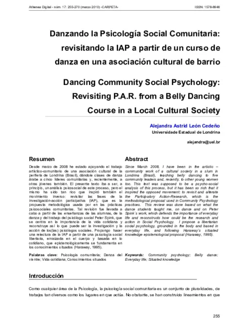 Danzando la Psicología Social Comunitaria : revisitando la IAP a partir de un curso de danza en una asociación cultural de barrio