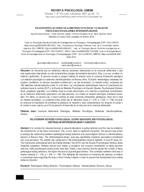 Relación entre las conductas alimentarias patológicas y el malestar psicológico en bailarines interdisciplinarios