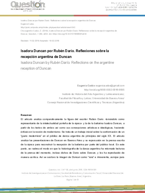 Isadora Duncan por Rubén Darío: reflexiones sobre la recepción argentina de Duncan