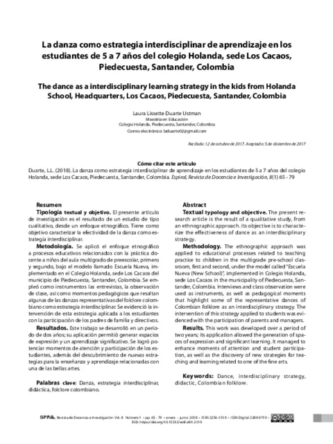 La danza como estrategia interdisciplinar de aprendizaje en los estudiantes de 5 a 7 años del colegio Holanda, sede Los Cacaos, Piedecuesta, Santander, Colombia