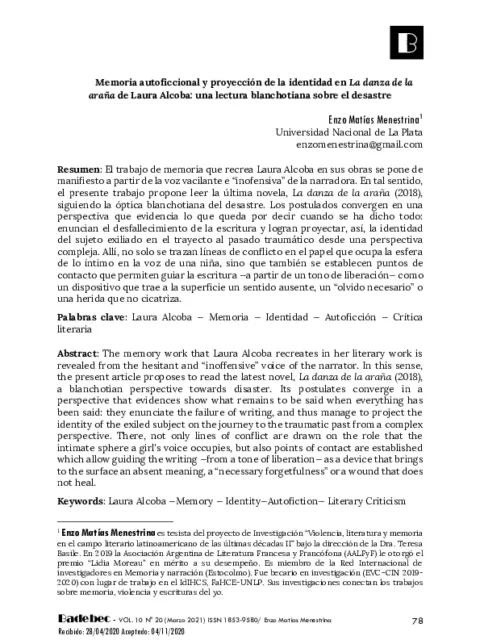 Memoria autoficcional y proyección de la identidad en <i>La danza de la araña</i> de Laura Alcoba: una lectura blanchotiana sobre el desastre