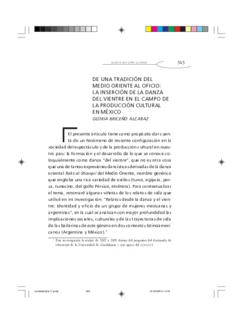 De una tradición del medio oriente al oficio: la inserción de la danza del vientre en el campo de la producción cultural en México