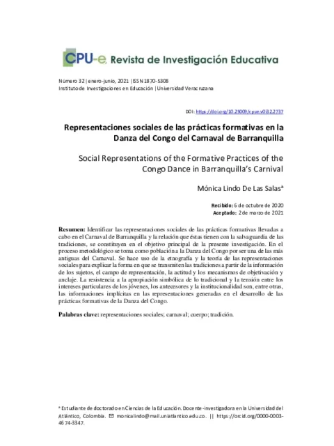 Representaciones sociales de las prácticas formativas en la Danza del Congo del Carnaval de Barranquilla