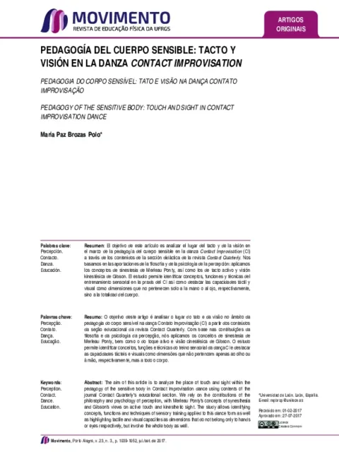 Pedagogía del cuerpo sensible: tacto y visión en la danza contact improvisation = Pedagogy of the sensitive body: touch and sight in contact improvisation dance