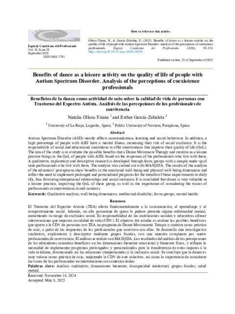 Beneficios de la danza como actividad de ocio sobre la calidad de vida de personas con Trastorno del Espectro Autista: Análisis de las percepciones de los profesionales de convivencia