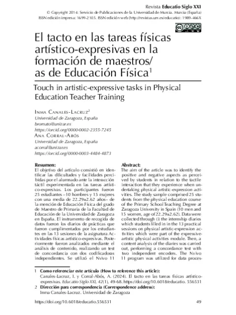El tacto en las tareas físicas artístico-expresivas en la formación de maestros/as de Educación Física