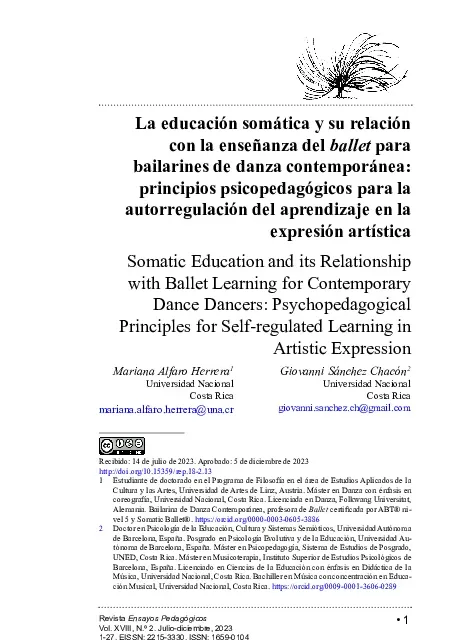 Somatic Education and its Relationship with Ballet Learning for Contemporary Dance Dancers: Psychopedagogical Principles for Self-regulated Learning in Artistic Expression