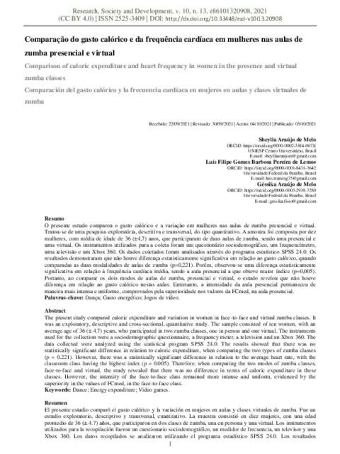 Comparison of caloric expenditure and heart frequency in women in the presence and virtual zumba classes