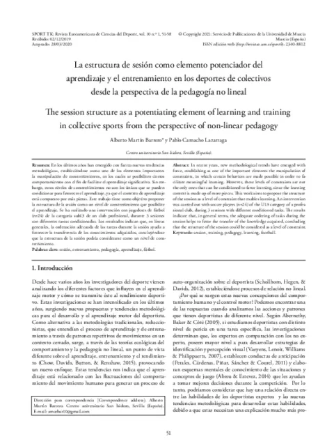 La estructura de sesión como elemento potenciador del aprendizaje y el entrenamiento en los deportes de colectivos desde la perspectiva de la pedagogía no lineal